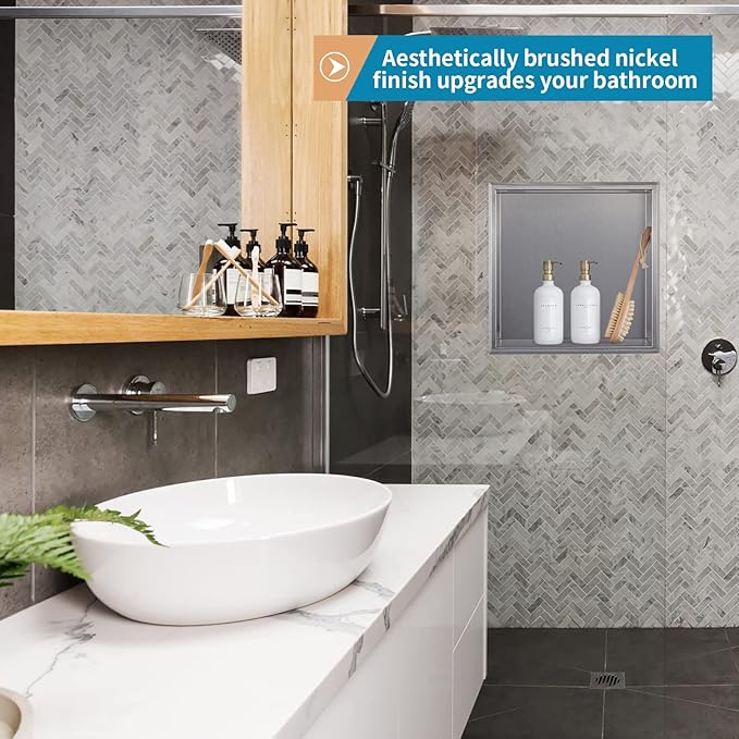 16"×16" Shower Niche Brushed Stainless Steel, Recessed Shower Caddy, Bathroom Shelf Insert Fits for 14-3/4" Square Wall Hole Installation (Nickel)