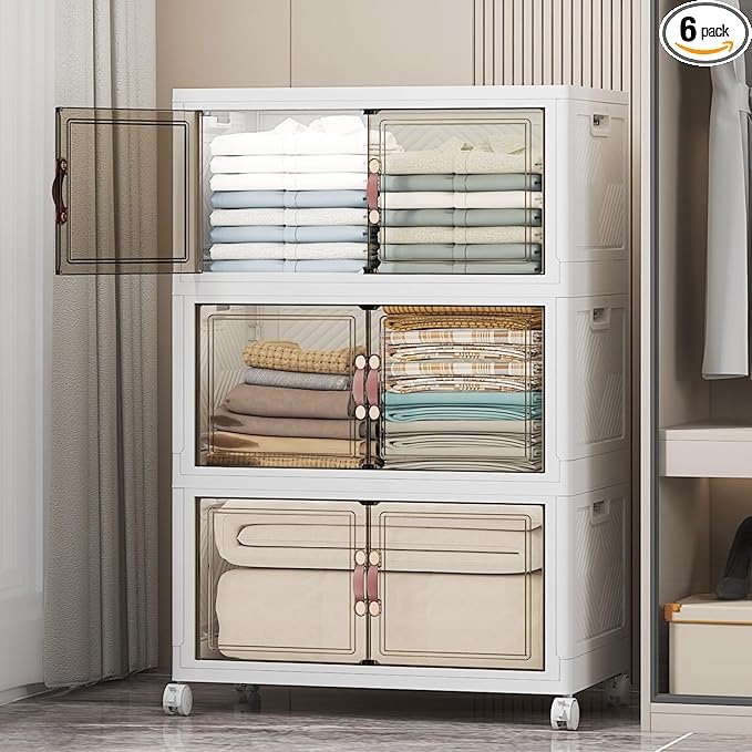 Extra Large Stackable Storage Bins with Lids & Wheels & Door, 336QT-112QT/28GAL*3Pack Foldable Collapsible Closet Organizers, Plastic containers drawers for bedroom Dorm