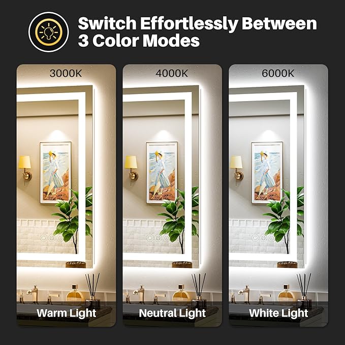 48"x38" LED Bathroom Mirror with Lights, Backlit & Front Lit, Lighted Wall Mirrors for Bathroom Vanity, Touch Screen Dimmable, Anti-Fog, Memory Function, HD Tempered Glass, Shatter-Proof, ETL Listed