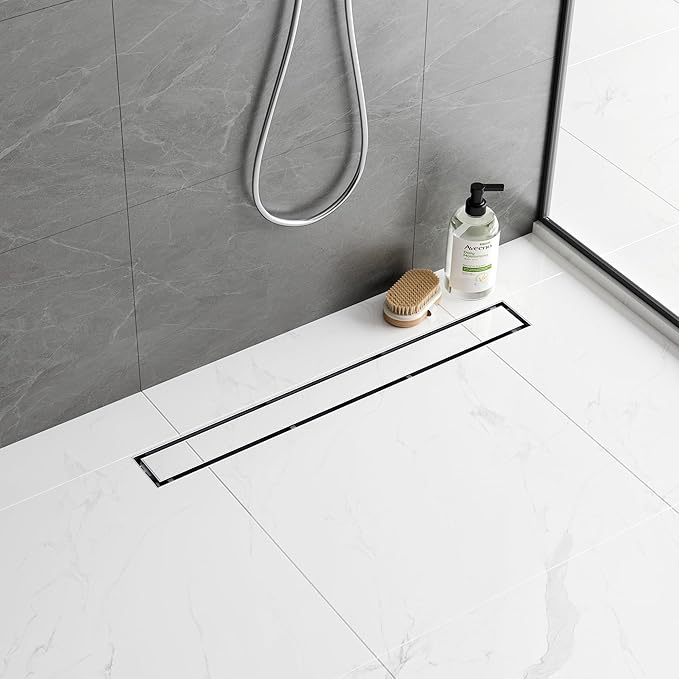 Neodrain 24-Inch Brushed Linear Shower Drain, 2-in-1 Flat & Tile Insert Cover, Stainless Steel Linear Drain, Brushed Rectangle Shower Floor Drain with Hair Strainer, Shower Drain Base