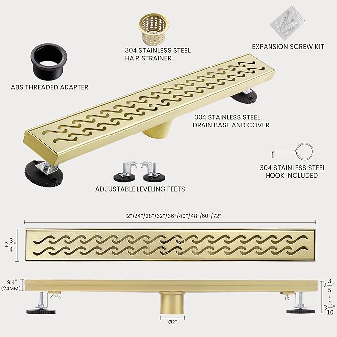 32 Inch Linear Shower Drain, Brushed Gold Shower Drain,Removable Grate, 304 Stainless Steel, Easy to Install and Clean for Bathrooms (Drain Base Not Included), LSD-08A-32G