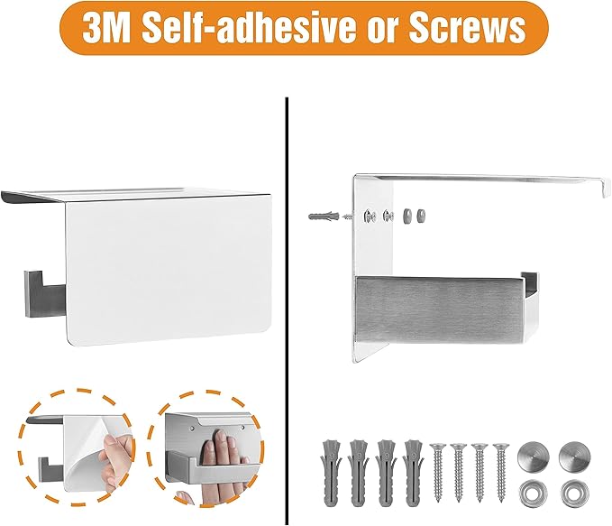 HITSLAM Brushed Nickel Silver Toilet Paper Holder, Stick on Silver Toilet Paper Holder with Shelf, Self Adhesive No Drill or Wall-Mount with Screws for Bathroom