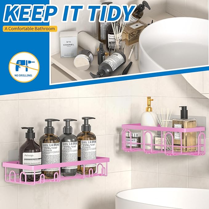 Shower Caddy 9 Pack,Adhesive Organizer for Bathroom Decor Accessories & Kitchen Storage,No Drilling,Large Capacity,Rustproof Stainless Steel Organizer,Home Decor Shelves (Pink 9 Pack)