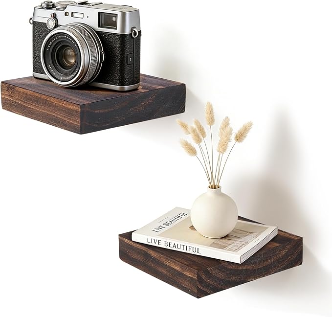 Floating Wall Shelves 6.8x6.8x1.7 Inch – Solid Wood Square Shelves in Walnut Finish – Rustic Mini Display Shelves for Entryway, Bathroom, Small Spaces – Set of 2