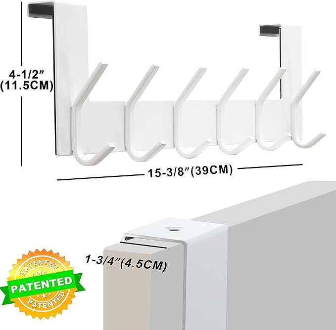 Dseap Over The Door Hook Hanger - 6 Hooks Over Door Coat Rack for Hanging Clothes Hat Towel,White, 2 Packs