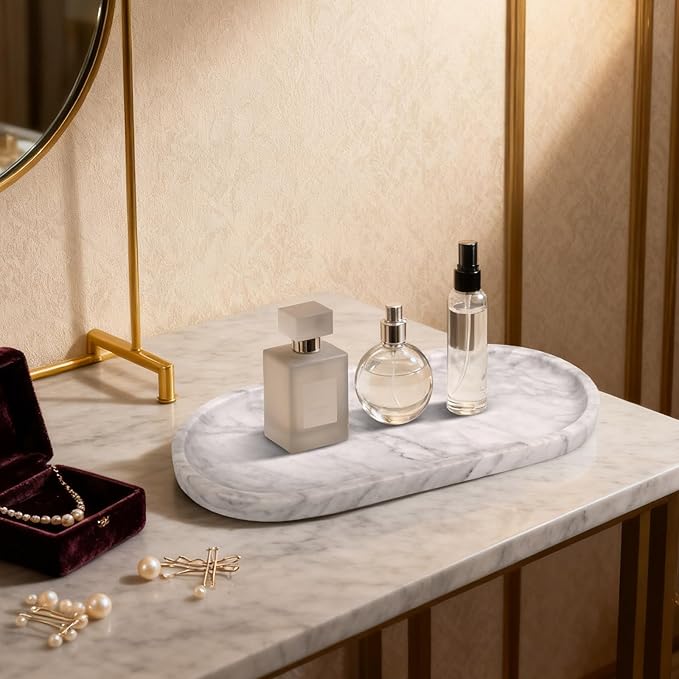 YKAJO Marble Tray 11.6"x5.9" White Gray Vanity Decorative for Countertop Catchall for Perfume Candles Jewelry Dish Perfume Trays for Vanity Bathroom Decorative Tray for Kitchen Counter