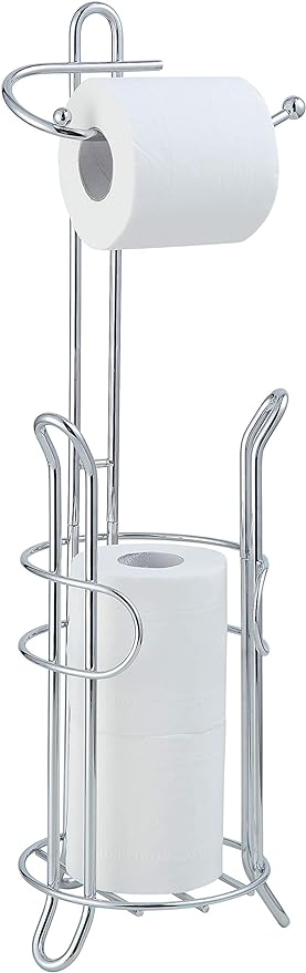 SunnyPoint Freestanding Toilet Paper Holder with Storage – Holds 3 Spare Rolls, Heavy-Duty Steel, Chrome Finish, Easy Assembly, Space-Saving Bathroom Organizer