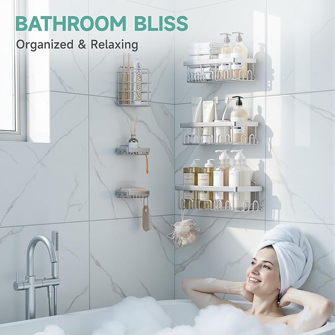 Veken Shower Caddy 6-Pack, Family Choice Award Winner, Large Wall Mounted Shower Rack, Bathroom Shelves Over Toilet, Organizer Storage Accessories with Soap Dish&Toothbrush Holder
