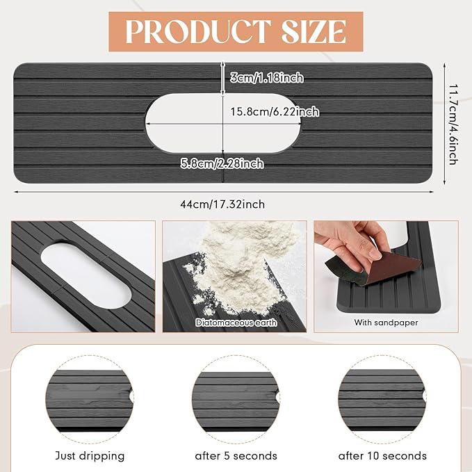 an Oval Hole Gray Faucet Mat for Kitchen Sink 17.32" x 4.6" Kitchen Faucet Absorbent Mat Diatomite Splash Guard for Sink Quick Drying Stone Drip Catcher for Bathroom Counter