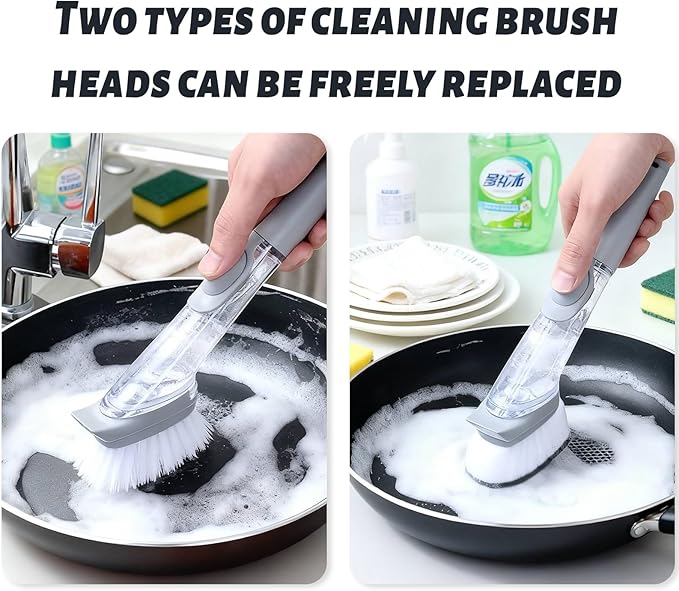 Dish Brush,Dish Scrubber with Soap Dispenser Dish Wand Kitchen Brushes for Dishes Includes Three Brush Heads
