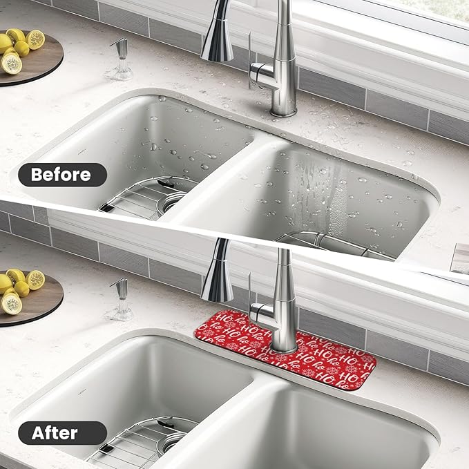 Christmas Snowflake Ho Red Buffalo Plaid Kitchen Sink Splash Guard Faucet Mat 1 Pcs, Absorbent Fast Drying Mat Gadgets Splash Guard For Bathroom 15 X 5.5 Inches