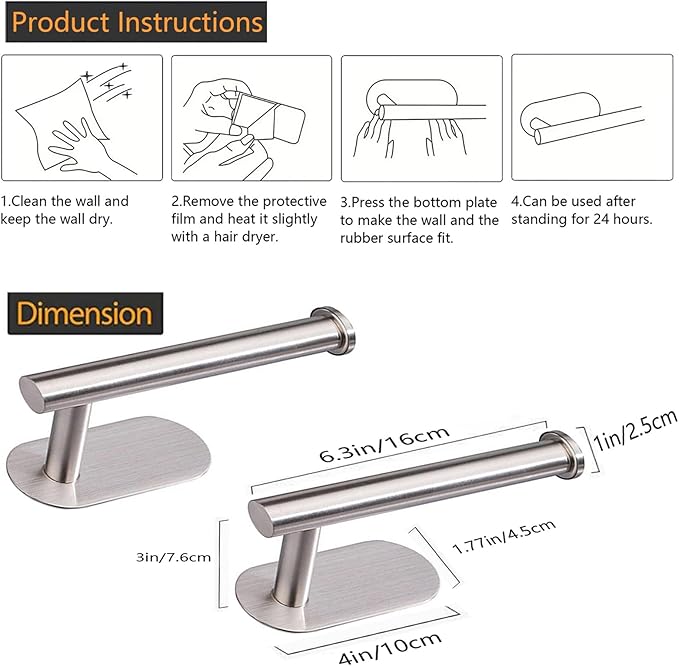 Toilet Paper Holder - Self Adhesive Toilet Paper Holder Wall Mount for Bathroom, SUS 304 Stainless Steel Command Strip Toilet Paper Roll Holder Stick On, No Drilling - Brushed Nickel（2 Pcs）