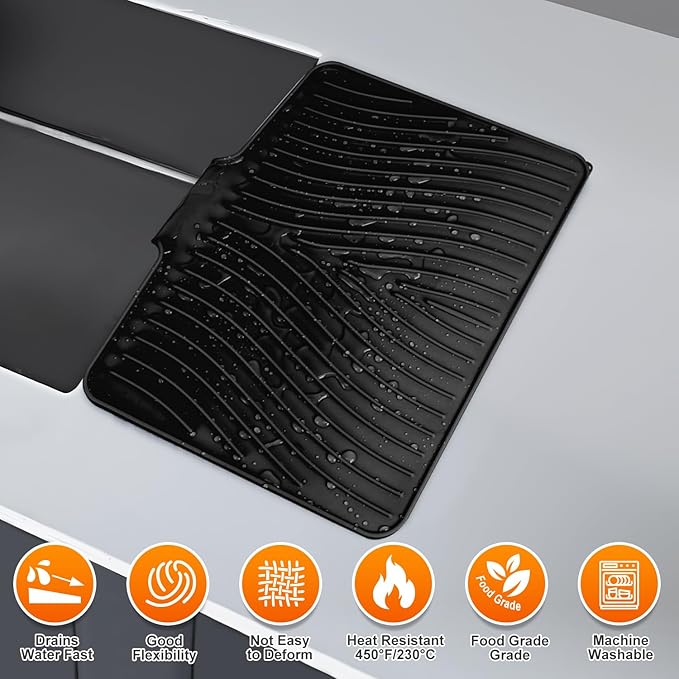 Silicone Dish Drying Mat for Kitchen Counter, Dish Drying Pad, Non-Slip Drain Pad with Built-in Drain, Heat Resistant Stone Drying Mat, Black-1Set