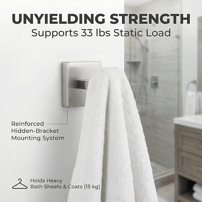 Brushed Nickel Hand Towel Hook 2-Pack, Geometric Series - Stainless Steel Towel Hooks for Bathrooms, Modern Wall Mount Bath Towel Holder with Industrial SUS304 Core