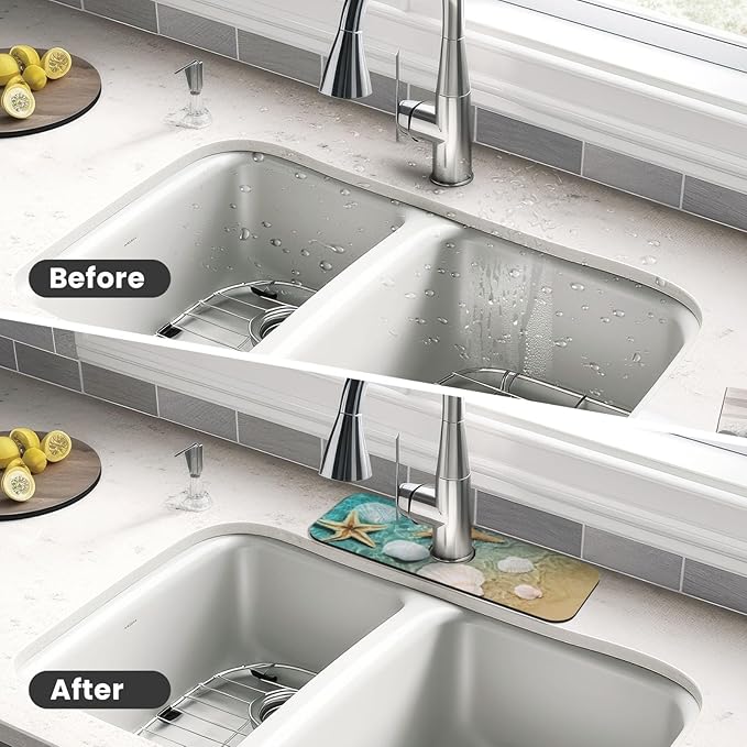 Sea Shells Star Fish Ocean Beach Tide Pool Kitchen Sink Splash Guard Faucet Mat 1 Pcs, Absorbent Fast Drying Mat Gadgets Splash Guard For Bathroom 15 X 5.5 Inches
