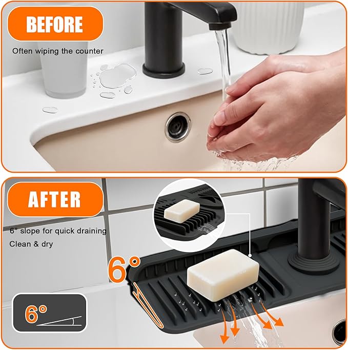 24" Black Longer Silicone Faucet Mat – Quick-Dry Button Style Drip Catcher 6° Slope Splash Guard | Easy-to-Use Behind Faucet Drain Mat for Kitchen & Bathroom Countertops