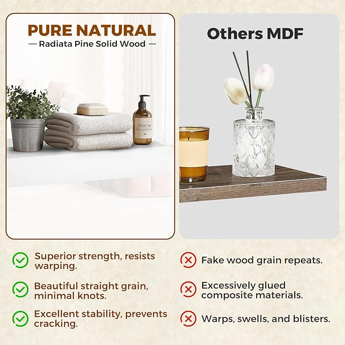 Floating Wall Shelf 16x6.8x1.7 Inch – Solid Wood Shelf in White Finish – Wall Mounted Rustic Display Organizer for Bathroom, Kitchen, Bedroom, Small Spaces – Set of 3