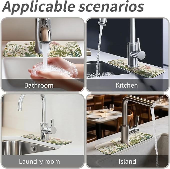 Kitchen Sink Splash Guard，English vintage garden Faucet Mat Sink Gadgets-Super Absorbent Fast Drying Mat Drip Catcher for Kitchen, Bathroom,Sink Mat, Dish Drying Mat, Bathroom(15" X 5.5" )