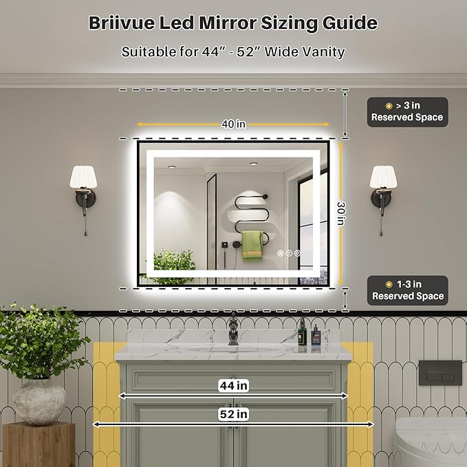 40x30 Inch LED Bathroom Mirror with Black Frame, Backlit & Front Lit, Anti-Fog Lighted Bathroom Vanity Mirror for Wall, Memory Function, Dimmable, HD Tempered Glass, Shatter-Proof