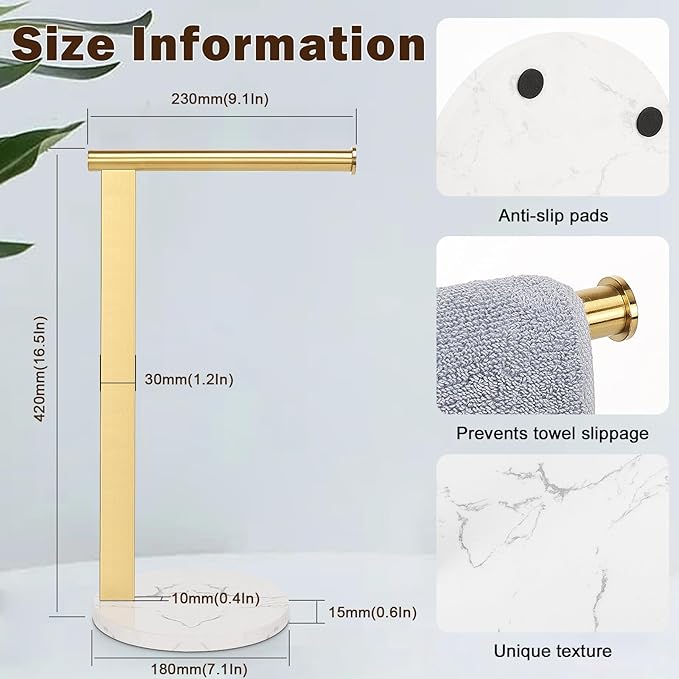 Hand Towel Holder Stand for Bathroom, L- Shaped Standing Hand Towel Rack, Towel Bar Kitchen Vanity Countertop Organizer, SUS304 Stainless Steel Material (Marble Base, Gold)
