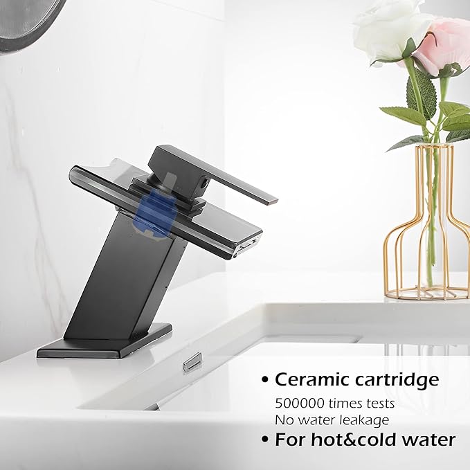 Bathroom Black Faucet Waterfall LED Glass Spout with Overflow Drain Stopper Single Handle One Hole Deck Mount Modern Designer Bath Basin Sink Tap 3 Color Changing Battery Powered Lavatory Vanity