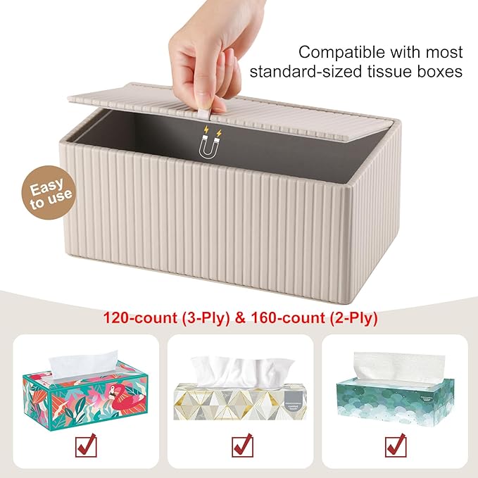 KINGFOM PU Leather Tissue Box Cover Rectangular Tissue Box Holder with Magnetic Bottom, Napkin & Facial Tissue Holder Dispenser for Home, Office (Decorative Pattern-PU Leather, Beige Stripe)