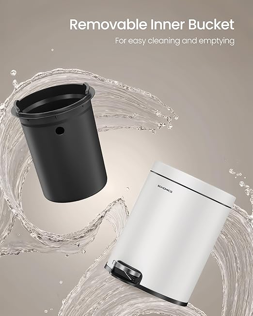 SONGMICS Bathroom Trash Can, 1.6 Gallon (6 L) Small Toilet Garbage Bin with Lid, Soft-Close, Stainless Steel, Pedal, Inner Bucket, Bedroom, Cloud White ULTB016WZ01