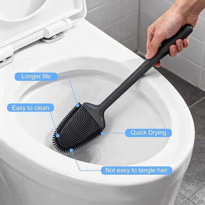 Toilet Brush and Holder Set - Flexible Silicone Toilet Bowl Scrubber Brush, Compact Bathroom Brush with Ventilation Base, Black