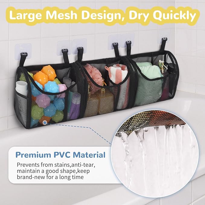 Bathtub Toy Storage, 6 Compartments Detachable Bath Toy Holder for Bathtub, Large Bath Toy Organizer, Quickly Dry Bath Toy Net Basket, Mesh Shower Caddy for Sorting Toys Toiletry - Black