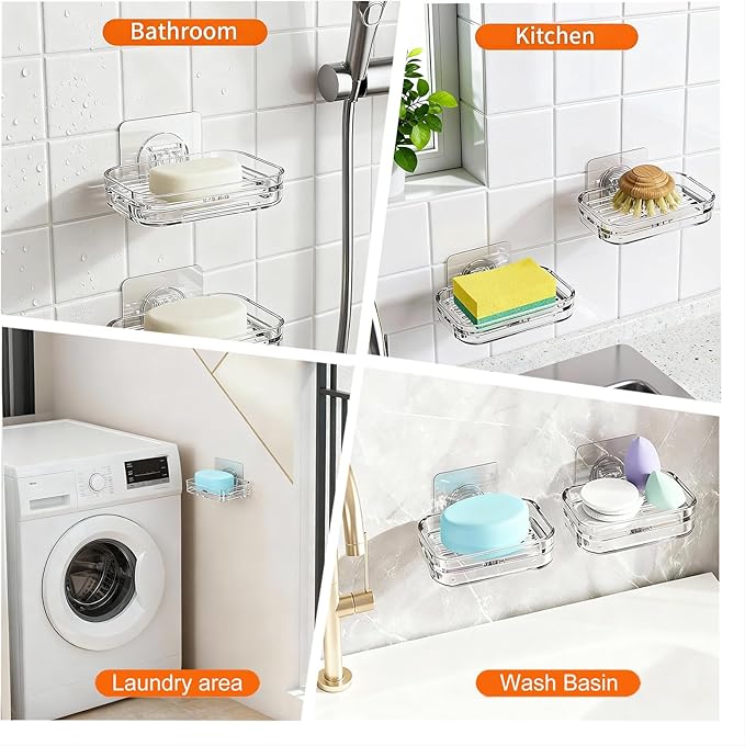 2-Pack No Drill Soap Holder - Strong Adhesive Soap Dish for Shower Wall Bathroom Kitchen Sink Rv Easy Install & Drain (2Pc Adhesive)