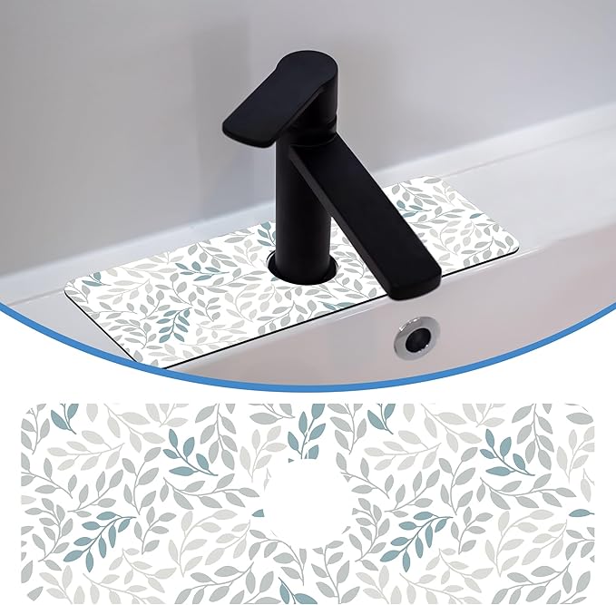 Grey Blue Leave Branche Faucet Mat for Kitchen Sink Botanical Flower, Soft Diatom Mud Material, Strong Water Absorption, Non-slip, Easy to Clean for Bathroom, Kitchen 15"X5.5"
