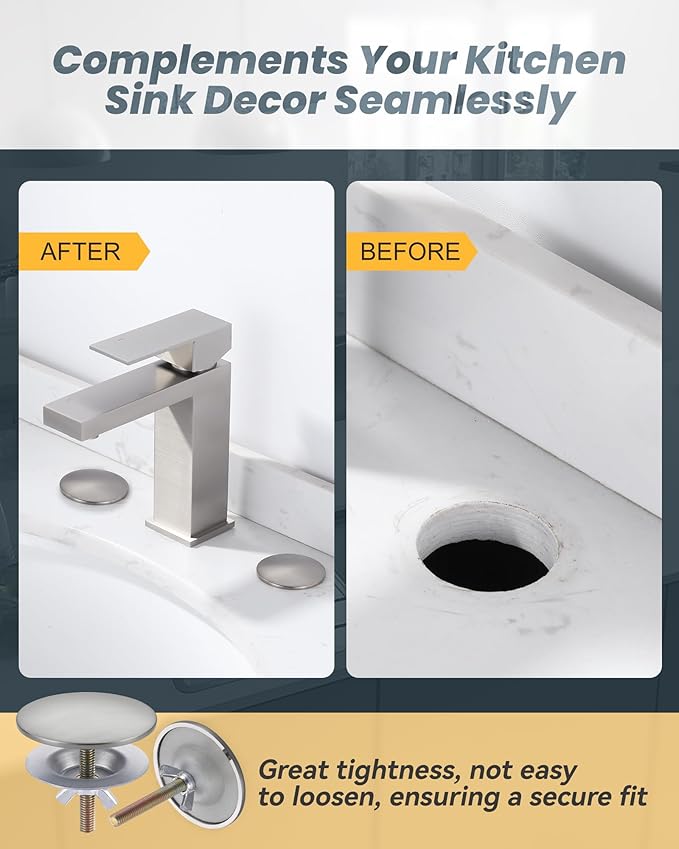 Kitchen Sink Hole Cover, 2 PCS Faucet Hole Cover for Kitchen Sink, Tap Hole Plate Stopper Cover Blanking Brass Metal Plug, Sink Countertop Hole Cap Cover, Brushed Stainless Steel