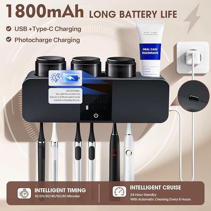 Smart Toothbrush Sterilizer & Holder with Toothpaste Dispenser - Shmian 6-Slots Wall Mounted Cleanser with Rapid Drying, LED Display and 3Cups, Rechargeable for Family Bathroom (Dark Grey)