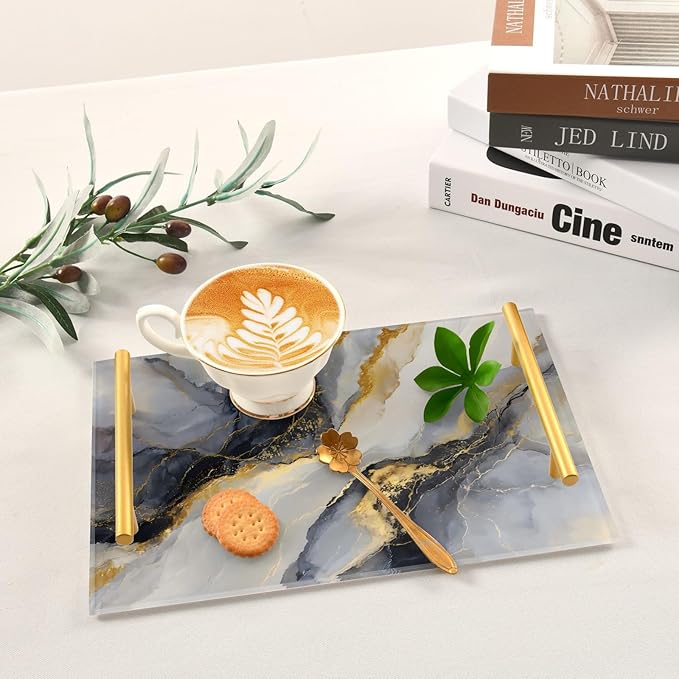 Gold and Black Marble Vanity Tray Acrylic Decorative Serving Tray Coffee Table Tray for Bathroom Living Room Bedroom