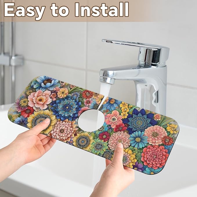 Kitchen Sink Splash Guard Faucet Mat Boho Flowers 1PC Super Absorbent Fast Drying Faucet Guard & Draining Mat Sink Splash Guard Behind Faucet Drip Catcher for Kitchen Bathroom RV (15.4" X 5.7" )