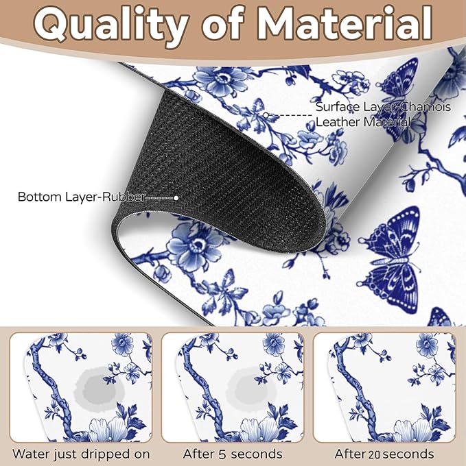 Blue Floral Sink Faucet Mat, Absorbent Elegant Chinese Style Kitchen Faucet Mat, Sink Splash Guard, for Bathroom Kitchen Sink Splash Guard Drying Mat 15.4"x5.7"