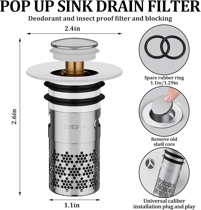 Bathroom Sink Drain Strainer 3 Pcs Universal Stainless Steel Drain Strainer Ceramic White Bathroom Sink Strainer for Sewer, Kitchen(For Calibre 1.2-1.5in)
