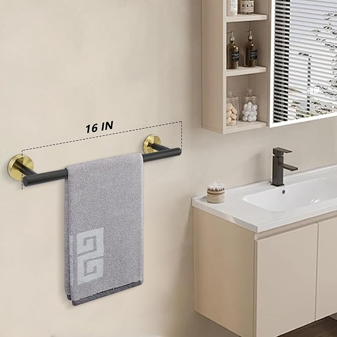 NearMoon Bath Towel Bar, Thicken Stainless Steel Shower Towel Rack Holder Wall Mounted for Bathroom,16-lnch Overall Length-13-lnch Usable Hanging Space (1 Pack, Matte Black & Gold)