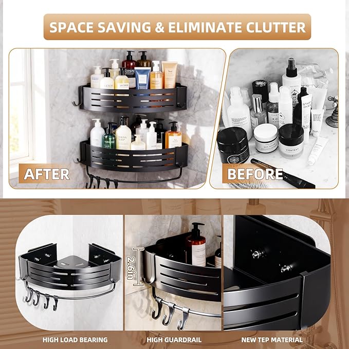 Adhesive Shower Caddy,2 Pack Corner Shower Caddies,Aluminum Shower Shelves,Bathroom Organizer No Drilling Shower Shelves for Bath, Kitchen, Home Storage(Black)
