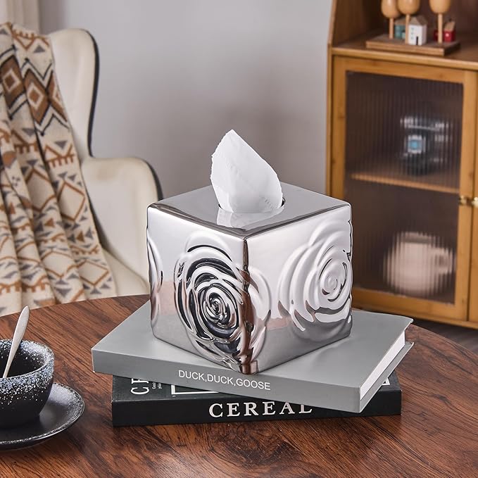 Silver Ceramic Cube Tissue Box Cover with Rose – Large Elegant Rose Floral Square Decorative Tissue Box Holder for Bathroom, Bedroom, Office Desk, Kitchen Counter – Perfect Housewarming Gift