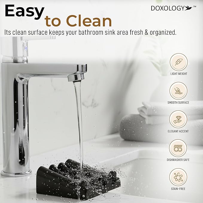 DOXOLOGY Black Marble Soap Dish Bathroom Organizer - Resin Soap Dish with Rectangular Design 3.7" L x 2.8" W - Self Draining Soap Dishes Keeps Countertop Neat - Marble Look Soap Tray for Sink