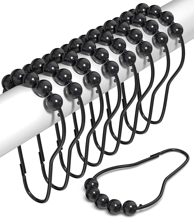 Shower Curtain Hooks Rust Proof (Set of 12) - Stainless Steel Shower Curtain Rings - Anti Slip Roller Balls for Easy Glide (Secure Lock Hooks, Matte Black)