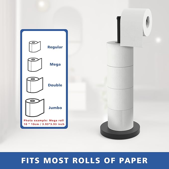 Free Standing Toilet Paper Holder Stand with Weighted Base, SUS304 180 Degree Rotatable Tissue Holder with Shelf, Can Extra Storage 4 Rolls, Black Bathroom Toilet Roll Holder