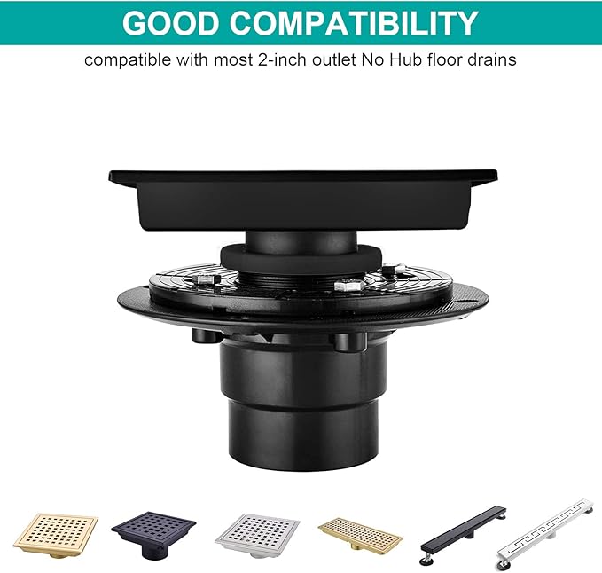 Shower Drain Base Flange Kit ABS Base, 2 inch Adjustable Thread Adapter with Rubber Gasket for No Hub Linear & Square Drain Installation