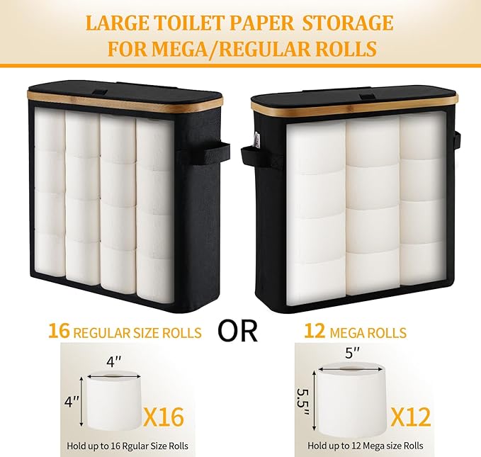 Toilet Paper Storage Basket with Lid for Mega Rolls, Large Bamboo Toilet Paper Organizer Storage Holder Stand for Bathroom, Enclosed Tissue Storage Bin Box Container Free Standing, Gray