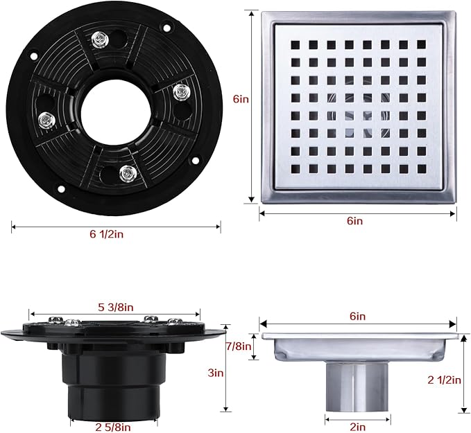 SaniteModar Shower Drain, 6 inch Shower Floor Square Drain with Flange, Removeable Grid Panel SUS 304 Stainless Steel Square Shower Drain, Silver