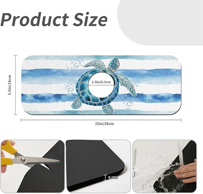 Kitchen Sink Splash Guard，Watercolor blue white turtle Faucet Mat Sink Gadgets-Super Absorbent Fast Drying Mat Drip Catcher for Kitchen, Bathroom,Sink Mat, Dish Drying Mat, Bathroom(15" X 5.5" )