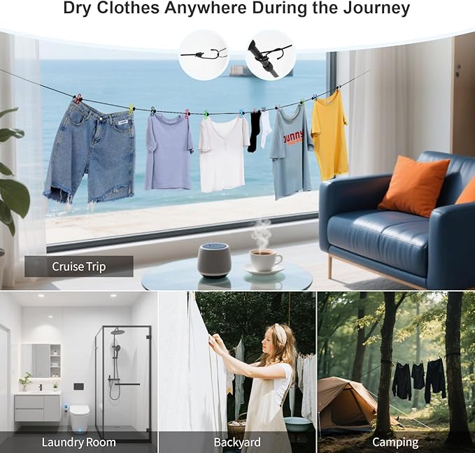 F-color Cruise Essentials 2026-7 Pockets Mesh Shower Organizer Hanging Bundle with Retractable Clothesline, Quick-Dry, Portable Toiletry Bag Travel Laundry Drying Kit for RV Hotel Camping