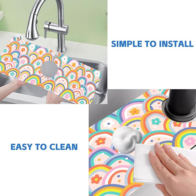 Boho Rainbow Hippie Floral Kitchen Sink Splash Guard Mat Absorbent Fast Drying Mat Faucet Draining Mat Sink Splash Guard Behind Faucet Drip Catcher for Kitchen Bathroom 5.5"×15"