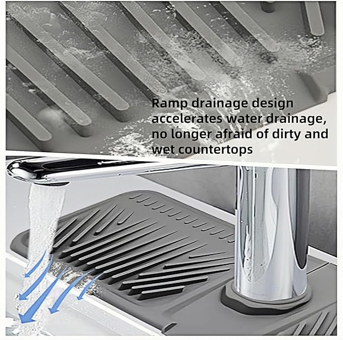 Silicone Kitchen Sink Protector Mat 17.5 Inch - Non-Slip Faucet Mat with Splash Guard Behind Faucet, Drip Catcher & Sponge Holder | Sink Accessories for Bathroom & Kitchen (Gray)